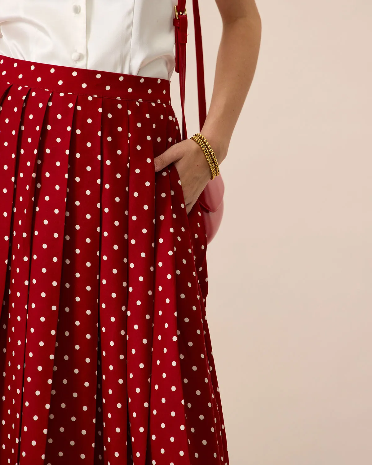 Women's Red High-Waisted Polka Dot Midi Skirt